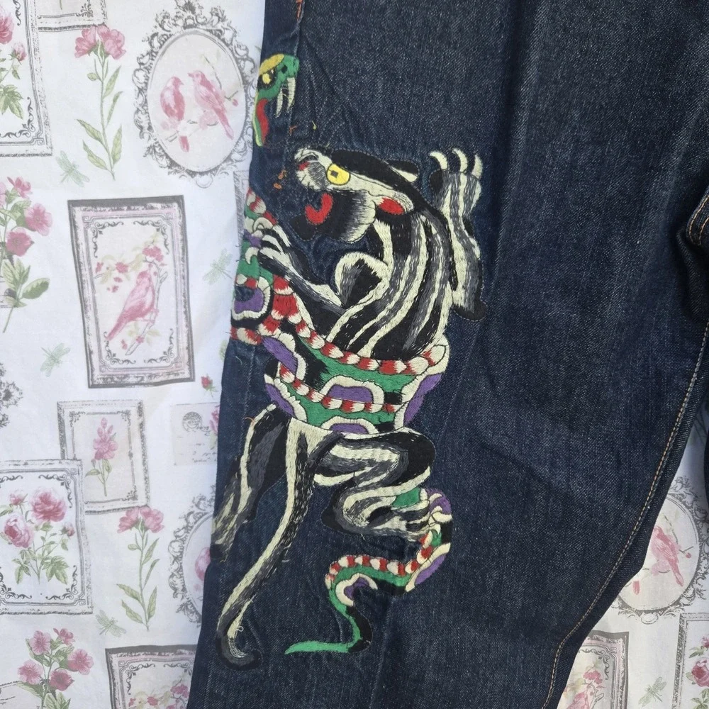 VTG Ed Hardy Christian Audigier Tiger Embroidered Baggy‎ Denim Jeans Mens 38x34